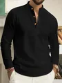 Detail view of men's black waffle knit long-sleeve Henley shirt with pocket - S / Tops / Black