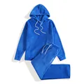 Men's royal blue plush fleece hooded sweatshirt and sweatpants casual tracksuit set - S / Top And Bottom / Blue