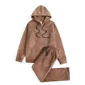 Men's brown plush fleece hoodie and sweatpants set with decorative embroidery - S / Top And Bottom / Camel