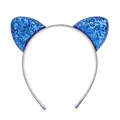 Dettaglio di un cerchietto con orecchie da gatto in paillettes blu glitterate per feste - Blu
