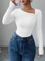 Elegant white asymmetrical ribbed long sleeve knit top for women autumn style - S / Tops / White