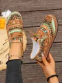Mocassini etnici in tela con lacci, graffiti e suola platform con finitura in legno - 36 / Marrone
