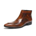 Men's British style brown pointed-toe leather boots with side zipper and brogue details - 37 / Brown