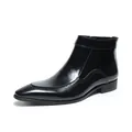 Trendy men's black shiny leather Chelsea boots with pointed toe and side zipper. - 37 / Black