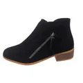 Women's black suede ankle boot featuring a side zipper and a low wood-grain block heel - Black