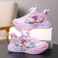 Pink girl sneakers featuring cartoon patches, LED lights, and a rotary buckle system - 30 / Pink