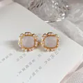 Elegant French vintage stud earrings with pearlescent enamel center and small pearls - Grey Post
