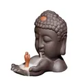 Zen Boeddha hoofd backflow wierookbrander van paarse klei met een kleine monnik figuur - Boeddha Vragen