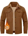 Detail view of brown corduroy jacket for men featuring warm fleece lining and chest pockets - S / Tops / Brown