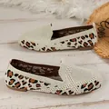 Detailed view of cream knit loafers with leopard print pattern and round toe. - Leopard Print