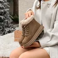 Brown retro thick-sole snow boots with warm faux fur lining and lace-up design. - 35 / Khaki