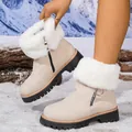 Detailed view of beige platform winter boots with plush white fur trim in a snowy landscape - 36 / Off White