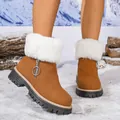 Detailed view of women's brown winter snow boots with plush white faux fur collar - 36 / Brown