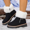 Detail view of black snow boots featuring thick soles and white faux fur trim. - 36 / Black