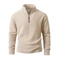 Men's half-zip warm fleece sweatshirt with a stand-up collar in beige solid color - S / Tops / Off White