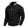 Gedetailleerde weergave van een zwarte sweater met halve rits en gestreepte kraag. - S / Tops / Zwart