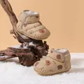 Cozy beige baby snow boots with fleece lining and cute cartoon bear print details. - Size 14 (Inner Length 11.5cm) / Khaki