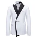 Modern white slim-fit men's blazer featuring stylish black peaked lapels for formal events. - M / Tops / White