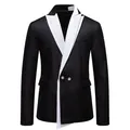 Slim-fit black suit jacket for men featuring a striking white contrast shawl lapel design. - M / Tops / Black