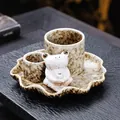 Ceramic frog incense holder with rustic lotus leaf tray finish - Reactive Spotted Style (JCSMJ58-03) / Beige Brown