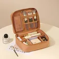 Neceser de viaje grande de tela Oxford marrón con múltiples compartimentos y porta pinceles - Capa Simple / 23x17x8.5cm / Marrón Caramelo