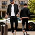 Premium men's black heavy fleece tracksuit featuring red and white striped rib details - S / Top And Bottom / Black