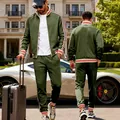 Front and back view of men's olive heavy fleece tracksuit with striped trim detail - S / Top And Bottom / Army Green