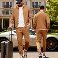 Men's luxury camel heavy fleece tracksuit set with iconic red and white striped trim detail - Coffee