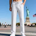 Pantalones casuales para hombre blancos de pernera recta con un cordón ajustable. - S / Bottoms / Blanco