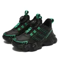 Kids black leather waterproof sneakers with neon green accents and rotating dial button - 38 / Rotary Buckle Style (212 Leather Surface) / Dark Green