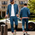 Back and front view of men's blue fleece tracksuit with striped trim detail - Dark Green