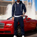 Premium men's navy blue hooded sweatshirt and cargo jogger tracksuit set lifestyle view - S / Top And Bottom / Navy Blue