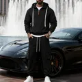 Men's heavy winter black oversized hooded tracksuit with cargo pants streetwear outfit set - S / Top And Bottom / Black