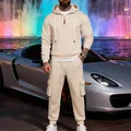 Men's loose beige heavyweight fleece hoodie and cargo pants tracksuit set outdoors. - Apricot
