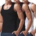 Detail view showing the fit of men's athletic tank tops in black and white colors. - S / Tops / 3 Pieces/Pack / Black, Black and White