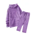 Detailed view of cozy men's purple coral fleece leisure hoodie and pants loungewear set - S / Top And Bottom / Purple