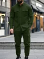 Full-body detail of men's heavy dark green fleece-lined cargo outdoor tracksuit set - Dark Green