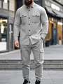 Detail of men's heavy grey fleece workwear jacket and matching cargo pants set - S / Top And Bottom / Light Gray
