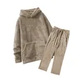 Detailed macro view of cozy men's coral fleece hoodie and matching drawstring pants set - S / Top And Bottom / Khaki