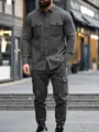 Detailed view of men's heavy fleece workwear set in dark grey urban lifestyle style - S / Top And Bottom / Dark Gray