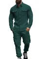 Détail de l'ensemble cargo pour homme en polaire vert foncé avec veste à revers - L / Haut et Bas / Vert Olive