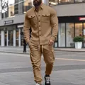 Premium heavyweight men's tan fleece utility tracksuit set with lapel jacket and cargo pants - S / Top And Bottom / Khaki