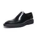 Elegant black glossy Derby shoes for men with thick soles and refined brogue details - 37 / Black