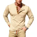 Heren slim fit Henley shirt met lange mouwen en contraststiksels in kaki - S / Tops / Khaki