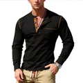 Heren Henley shirt slim fit in zwart met bruine kleurvlakken en handig borstzakje - S / Tops / Zwart