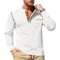 Heren slim fit wit Henley shirt met lange mouwen en bruine contrasterende kraag - S / Tops / Wit