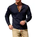 Heren slim-fit Henley-shirt met lange mouwen in marineblauw met contraststiksel - S / Tops / Marineblauw