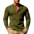 Heren Henley-shirt met lange mouwen in olijfgroen, slim fit, stijlvolle contrastkleur - Legergroen
