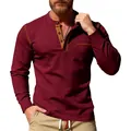 Heren slim fit Henley-shirt met lange mouwen in bordeauxrood met contrastzak detail - Bordeauxrood