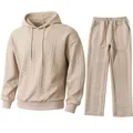 Close-up detail of men's beige cable knit jacquard hoodie and matching pants set - 2XL / Top And Bottom / Khaki